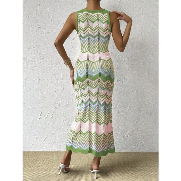 Boho Chevron Pattern Pointelle Knit Sweater Dress - Picture 6 of 6